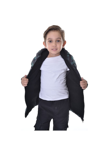 Erkek Çocuk Siyah Yeşil Dijital Desen İçi Polar Su Ve Rüzgar Geçirmez Kapüşonlu Şişme Kışlık Mont Siyah - Yeşil