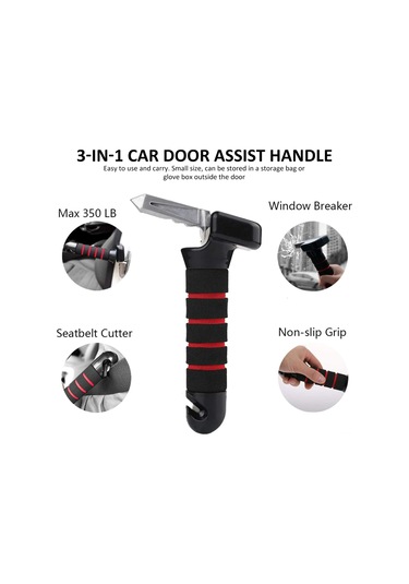 Moveevo Araç Kapısı Tutamaklı Kurtarma Çekiçi 3'ü 1 Arada: Sağlama, Pencere Kırma Ve El Feneri Kırmızı-siyah