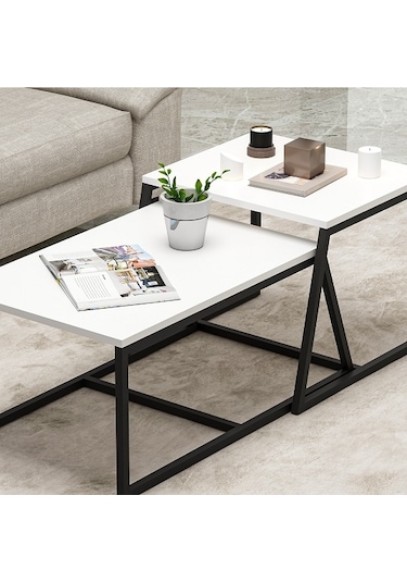 Orta Sehpa Max Metal Ayak Beyaz Siyah 2'li