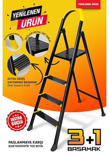 Ze Hardy 3+1 Basamaklı Özel Tasarım Hafif Merdiven Kaymaz Papuçlu Dayanıklı Paslanmaz 3+1 Basamak
