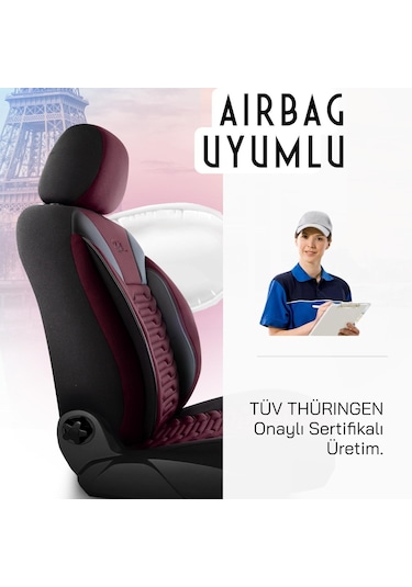 Panda Paris Serisi Pike Kumaş Oto Koltuk Kılıfı Tam Set Bordo - Siyah