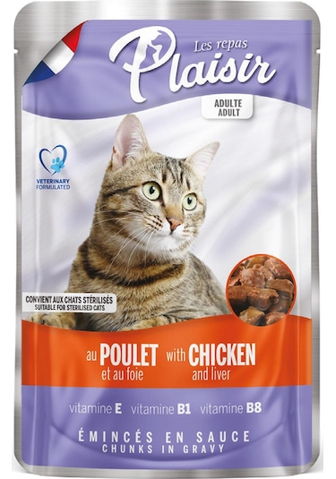 Plaisir Tavuk Etli ve Ciğerli Pouch Yetişkin Kedi Yaş Maması 4 x 100 G