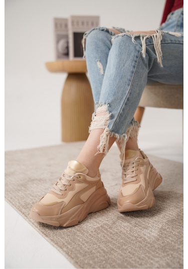 D383 Günlük Ortopedik Kadın Sneaker Spor Ayakkabı Bej