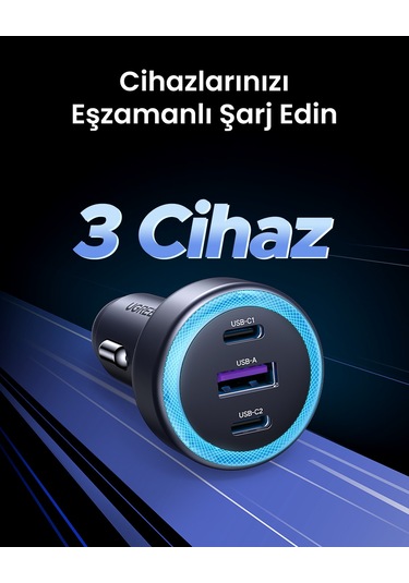 Ugreen 30w 3 Portlu Araç İçi Şarj Cihazı Çakmaklık Adaptörü, 45843