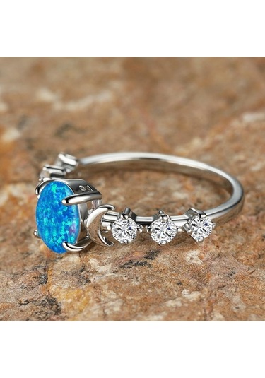 Dancemonkey Yüzük Retro Oval Opal Nişan Küçük Kadın Alyansı Beyaz&mavi Ay Desenli 6 Jg Şık Zarif Takı Modelleri Çok Renkli