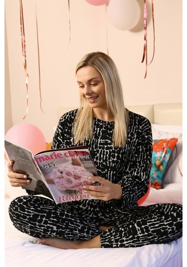 Akbeniz Kadın Uzun Kol 3 İplik Penye Pijama Takım 4180 - L Siyah