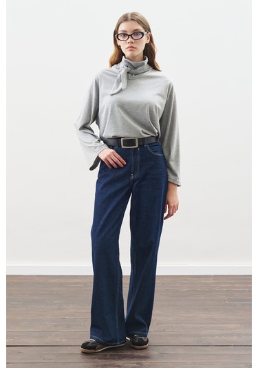 Yüksek Yaka Bağlamalı Bluz Gri Melanj Gri Melanj