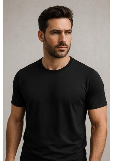 Erkek %100 Pamuk Slim Fit Sporcu Tişört Basic Bisiklet Yaka Kısa Kollu T-shirt SIYAH