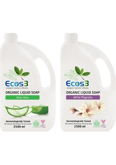 Ecos3 Organik Aloe Vera Sıvı Sabun 2500 ML + Beyaz Manolya Sıvı Sabun 2500 ML