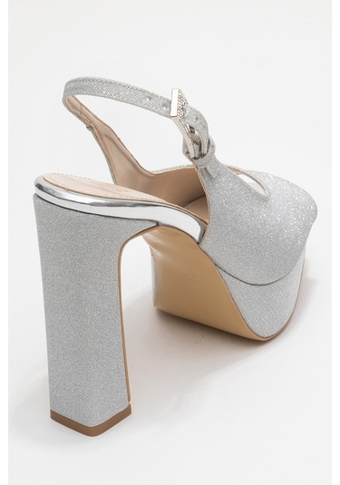 Glora Gümüş Simli Kadın Platform Topuklu Abiye Ayakkabı Gumüş