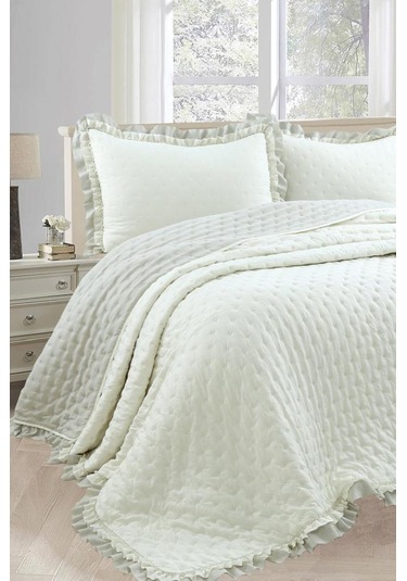 Lamina Fırfırlı Elyaf Dolgulu Çift Kişilik 240x260 Cm Yatak Örtüsü Krem Krem