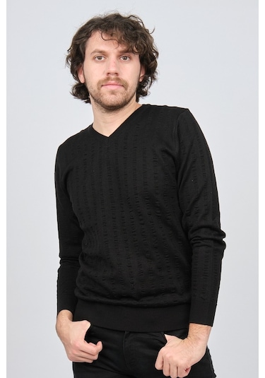 Desen Triko Erkek V Yaka Yün Kazak 0249626 Siyah Siyah