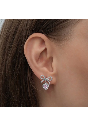 Gümüş Fiyonk Pembe Taşlı Kalpli Çivili Kadın Küpe Çok Renkli