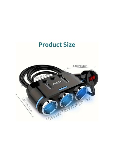 Fochsia Kablolu Siyah Akıllı 3'lü Oto Çakmaklı Usb Şarj Aleti Led Voltaj Göstergeli Araç Şarj Adaptörü