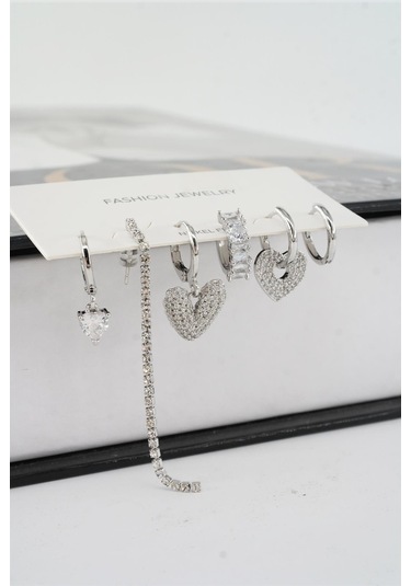 Kadın Vip Seri Helix Kalp Ve Su Yolu Zirkon Taşlı 6'lı Küpe Seti Çok Renkli