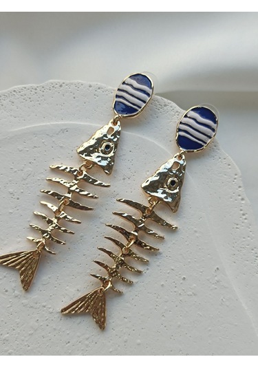 Gold Mavi Detaylı Balık Küpe Altın