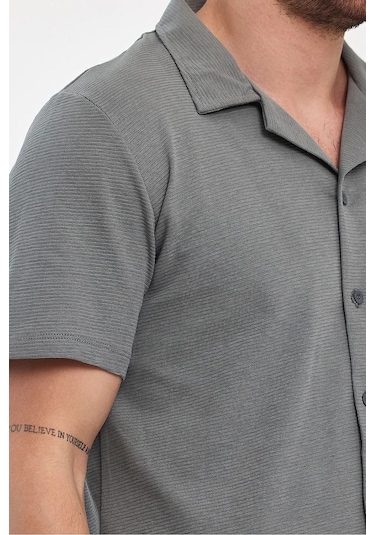 Erkek Rahat Kalıp Ottoman Kumaş Nefes Alabilen Pamuklu Apaş Yaka Gömlek Açık Haki