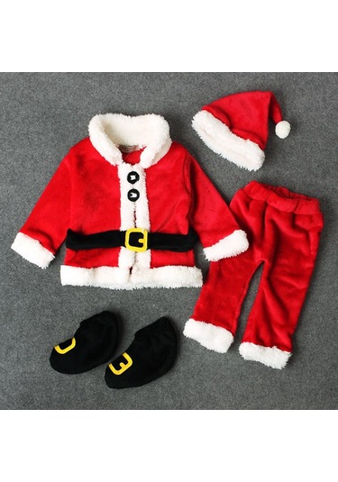 Suntek Bebek Erkek Kız Noel Baba Kostüm Seti 4 Adet Kırmızı