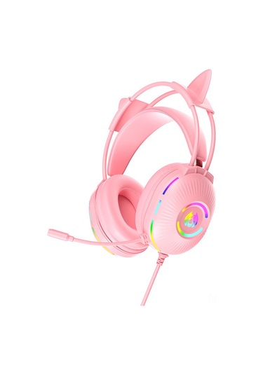 Kangvka Kedi Kulaklı Pembe Rgb Işıklı Oyun Kulaklığı - 7.1 Ses, Gürültü Engelleme Mikrofon, 50mm Sürücü, Usb+3.5mm Bağlantı