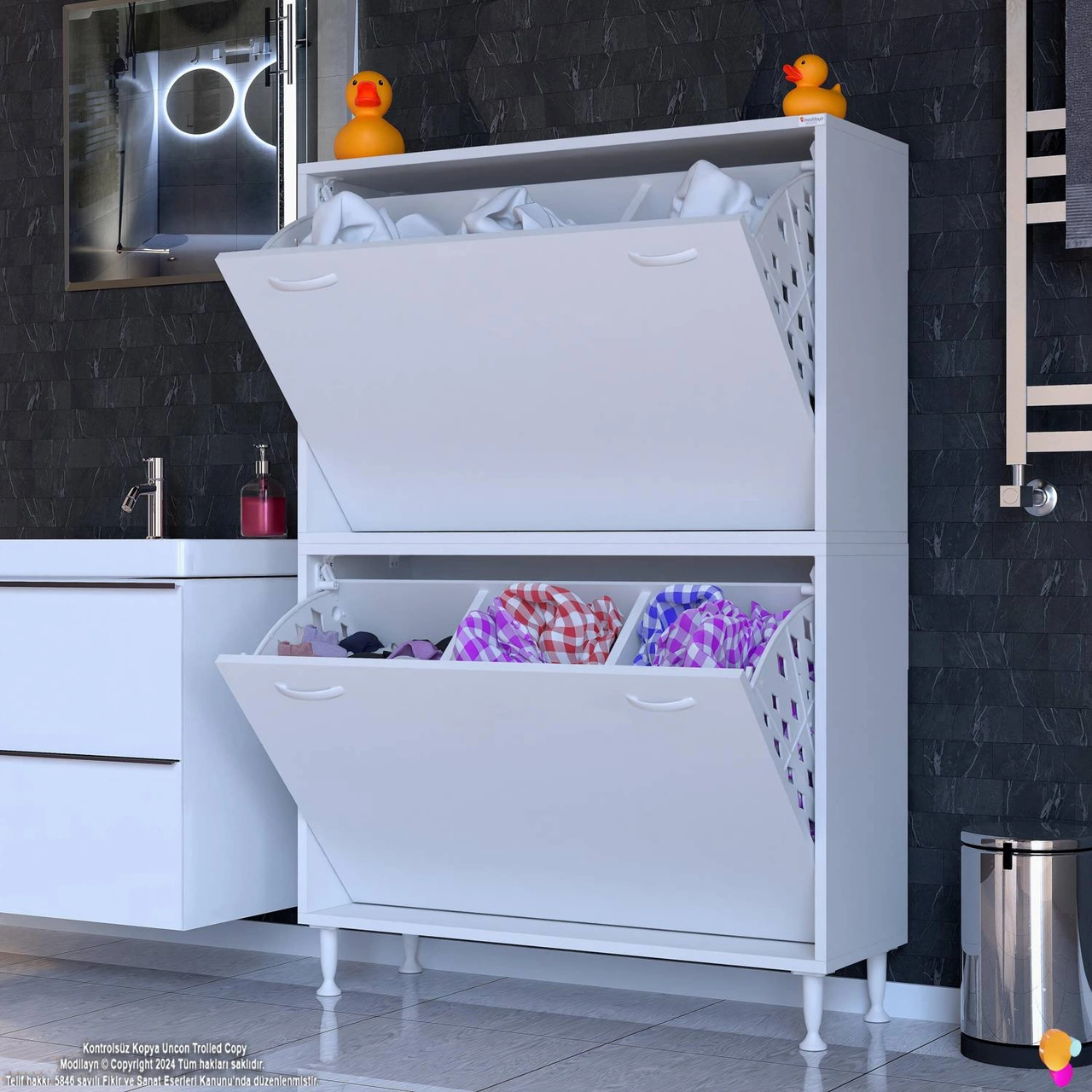 Esil Banyo Kirli Çamaşır Dolabı Banyo Dolabı 6 Bölmeli Saklayıcı Sepetli Dolap 100x138x325 Cm Beyaz