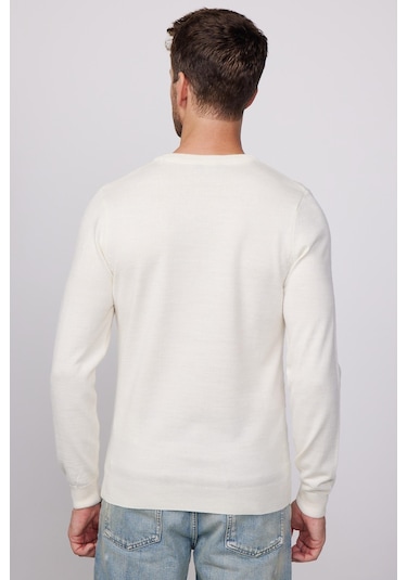 Erkek Slim Fit Bisiklet Yaka Kendinden Desenli Ekru Triko Kazak-28817 Ekru