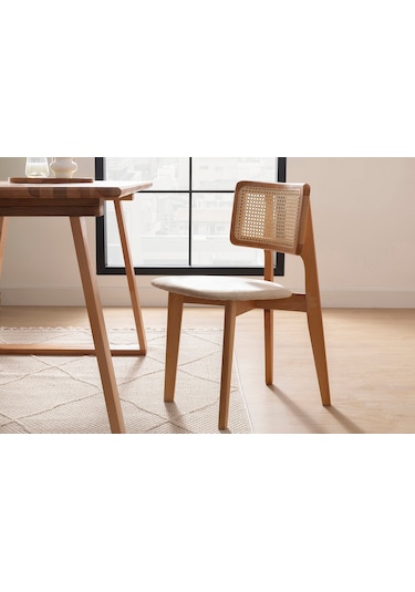 Zeus Hazeranlı Hasırlı Model Ahşap Bohem Sandalye Natural - Krem