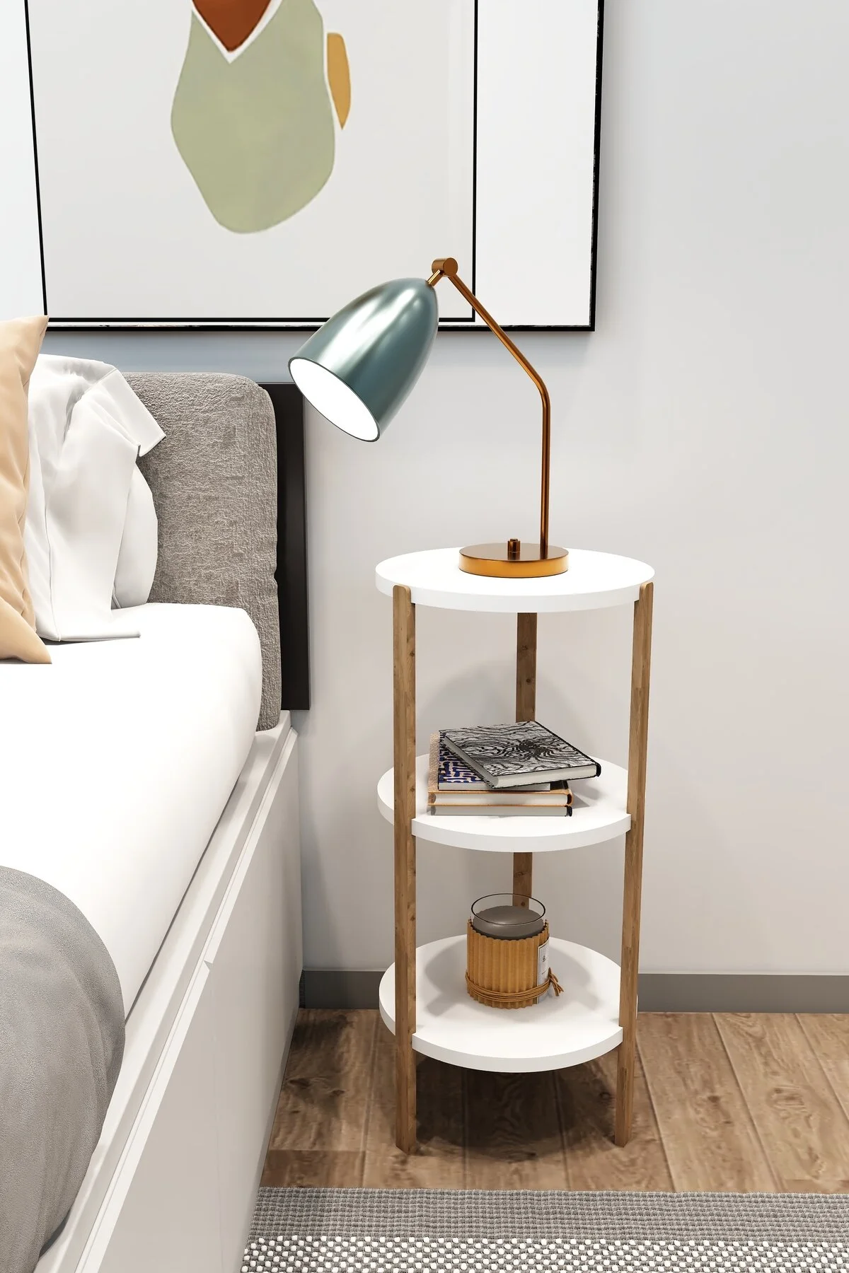 Miray 3 Raflı Yuvarlak Ahşap Sehpa / Çok Amaçlı Kullanım / Yüksek Kalite, Şık Tasarım Beyaz