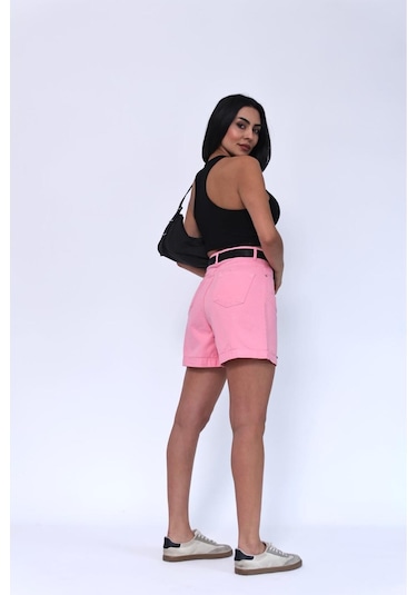 Duble Paça Pembe Kemerli Şort Pembe