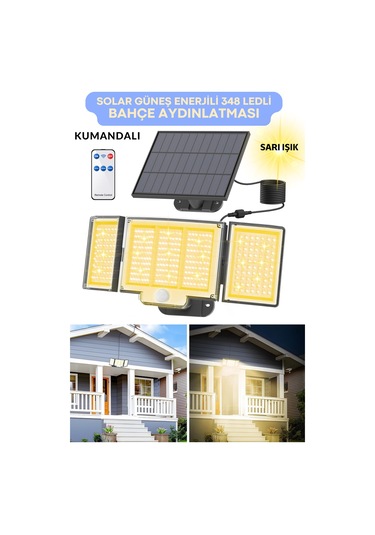 Technosmart Geniş Açılı Solar Projektör Bahçe Aydınlatma 348 Led, Kumanda Kontrollü, Sarı Işık