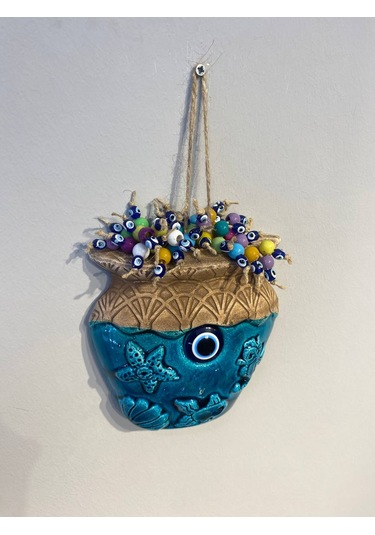 El Yapımı Nazar Boncuğu, Duvar Dekorasyon Ürünü, Seramik, El İşçiliği, Turkuaz Renkte Vazo Desenli -