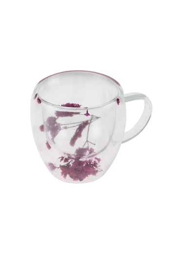 Cam Bardak İki Katlı Cam Çiçek Desenli