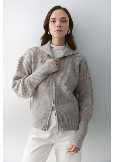 Koyu Bej Çift Fermuarlı Hırka - 251080 Koyu Bej