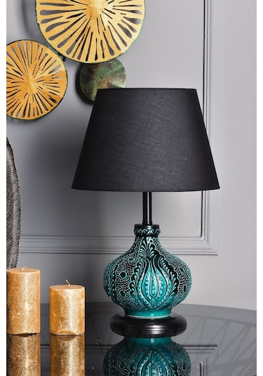 Patara Masa Lambası Abajur Yeşil Çinili Siyah Yeşil
