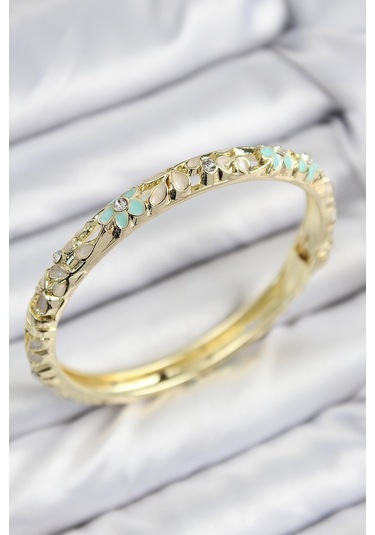 Mineli Pirinç Zirkon Taşlı Yeşil Krem Çiçek Motifli Gold Kadın Kelepçe Çok Renkli