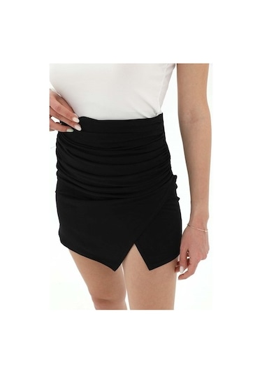 Yanları Büzgülü Beli Lastikli Etek - Siyah