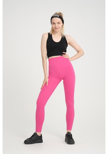 Gymhams Neon Pembe Kalçası Büzgülü Kalça Şekillendirici Push Up Yüksek Bel Spor Tayt Pembe
