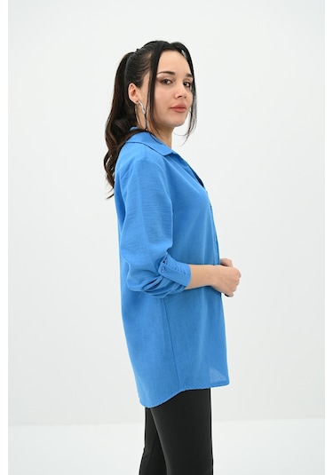 Koza Butik Kadın Keten Cep Detaylı Gömlek 1732-24 001
