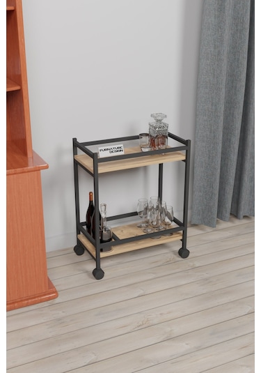 Servis Arabası Ev Tipi 2 Katlı Şişe Bölmeli Servant Atlantik Çam