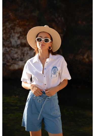 Kadın Soyut Baskılı Kısa Kollu Gömlek Frn6003 Mavi