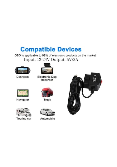 Xuweiwei Usb Mini Interface Obd2 Adaptör 35 Metre Usb C Obd2 Kablosu 24 Saat Kamera Şarj Aleti 12-24v 5v3a