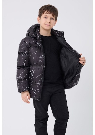 Erkek Çocuk Siyah Çıkabilir Kapüşonlu Su Ve Rüzgar Geçirmez Cepli Kışlık Şişme Mont & Kaban & Parka Siyah