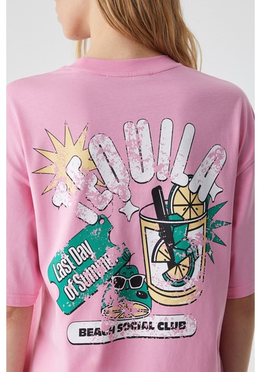 CAITLYN Kadın Oversize Bisiklet Yaka Pembe T-Shirt