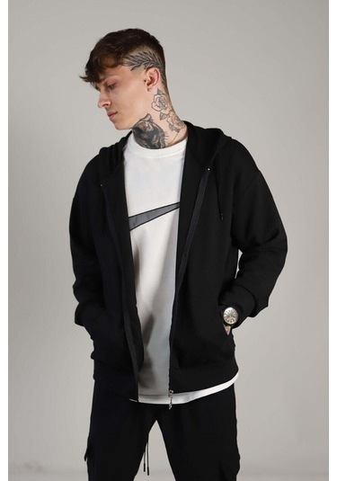 Ying Yang Hırka - Siyah Baskılı Oversize Kapüşonlu Siyah