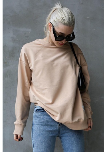 Madmext Bej Basic Oversize Kadın Sweatshirt Mg1686 Bej