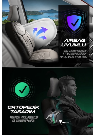 Gri - Gri Panda Rodos Serisi Deri Ortopedik Oto Koltuk Kılıfı - Tam Set