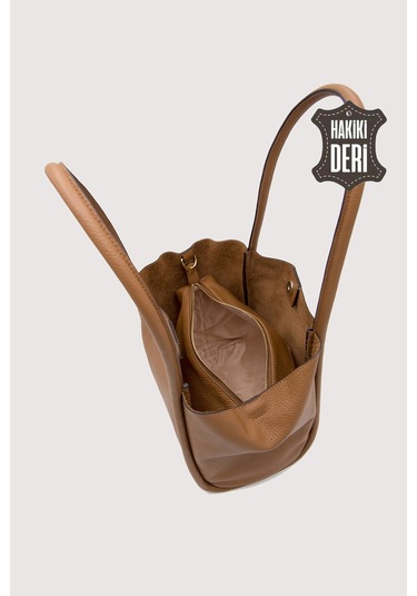 Hakiki Deri Kadın Organizerlı Omuz Çantası Taba Smr9205 Taba