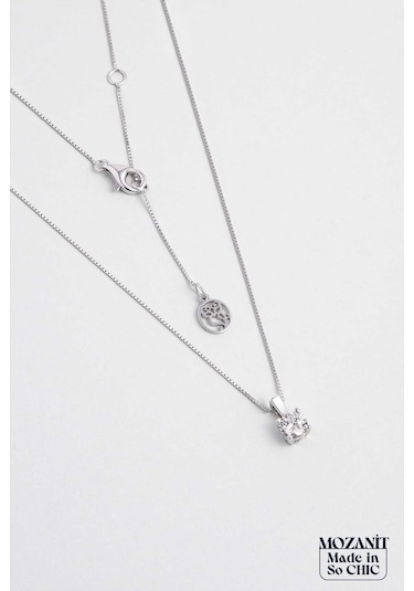 So Chic Mozanit Dokunuşu 18 Ayar Beyaz Altın Kaplama 45 Cm Gümüş Tektaş Kolye Rodyum