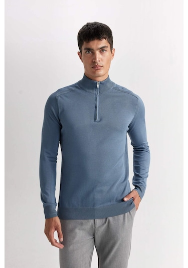 DeFacto Mavi Standart Fit Normal Kesim Yarım Balıkçı Yarım Fermuarlı Triko Kazak D0624AX24AUBE666