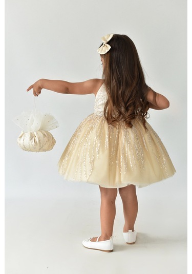 Dantel Süslemeli Cappuccino Camel Tasarım Abiye Kız Çocuk Tül Birçe Elbise 001