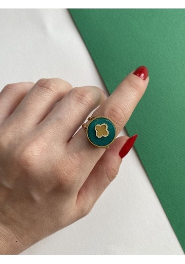 Vintage Gold Yonca Detaylı Yeşil Kararmaz Ayarlanabilir Çelik Yüz Altın